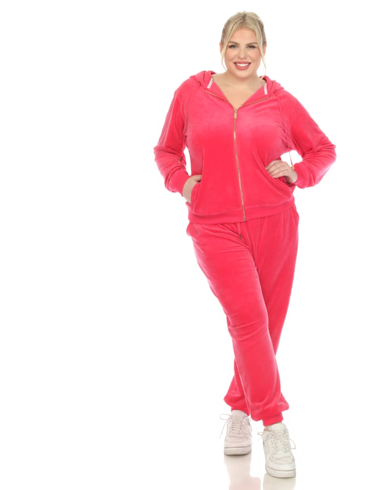 Front of a model wearing a size 1X Plus Size 2-Pc Velour Tracksuit Set in Hot Pink by White Mark. | dia_product_style_image_id:320018